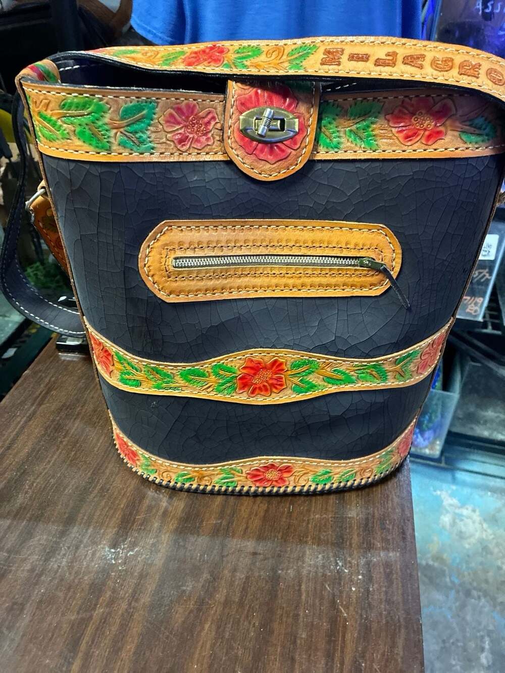 Milagro Vintage Hand Tooled Floral Leather Bucket Shoulder Bag